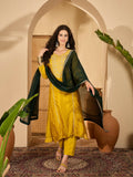 Mustard colored Vichitra Silk kurta set with elegant embroidery for festive occasions.
