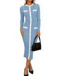 ZESICA Womens Ribbed Crewneck Sweater Dress 2024 Fall Winter Long Sleeve Button Color Block Knit Midi Dresses Blue L