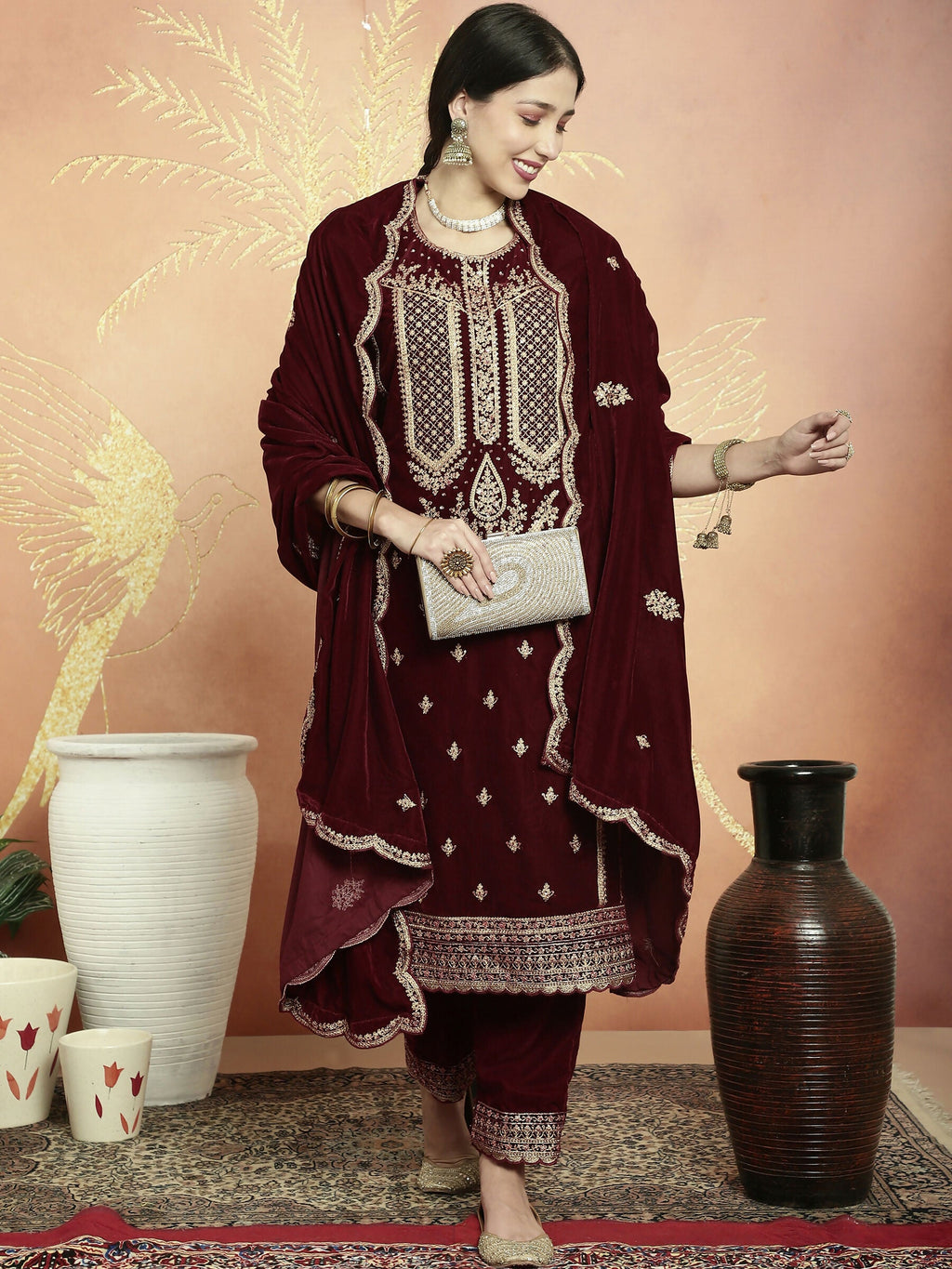 Maroon Velvet Straight Kurta Set with Resham Thread and Sequins
