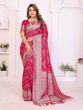 Magenta georgette silk saree with Leheriya pattern and gold zari work