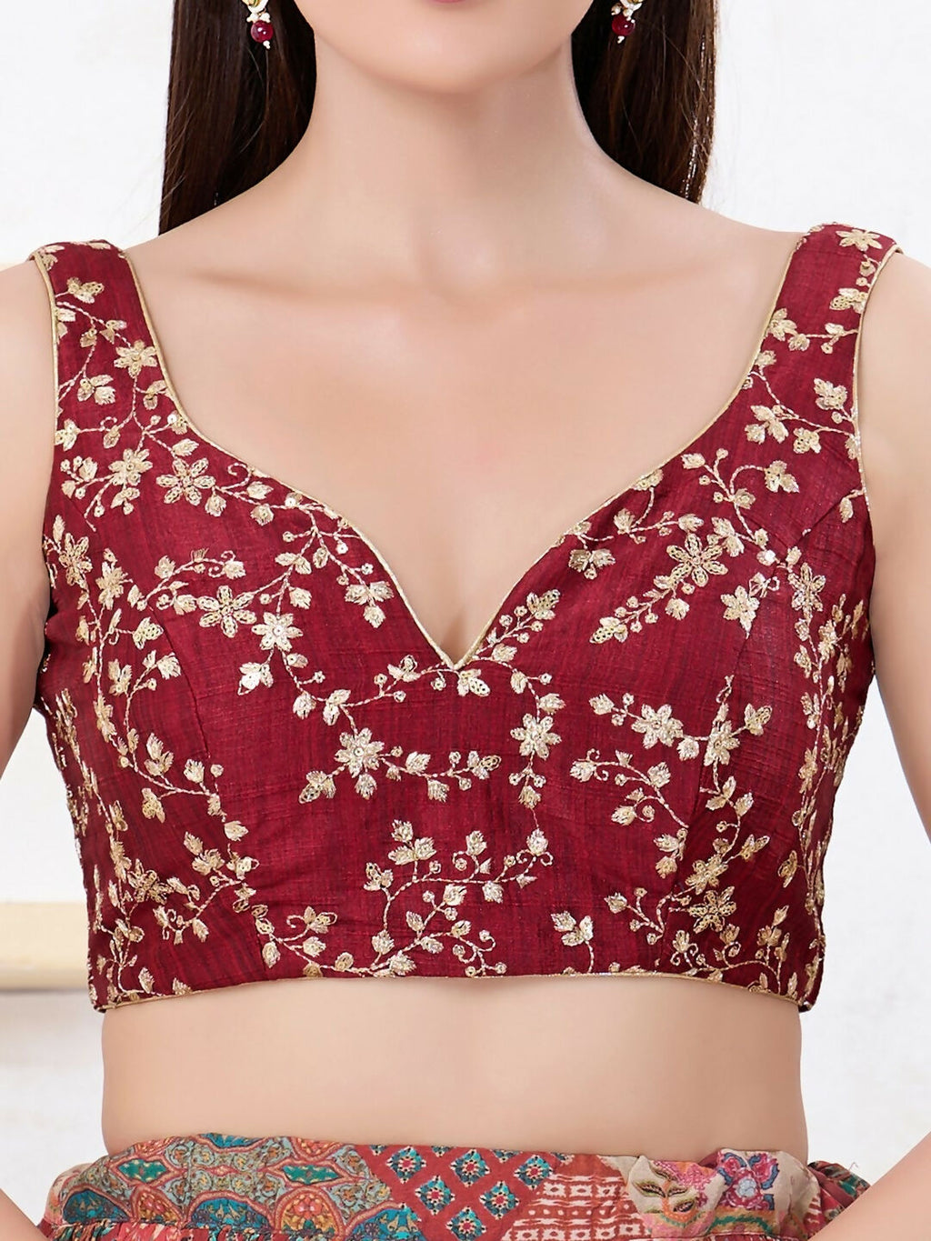 Maroon Mulberry Silk Sleeveless Back Open V-Neck Blouse