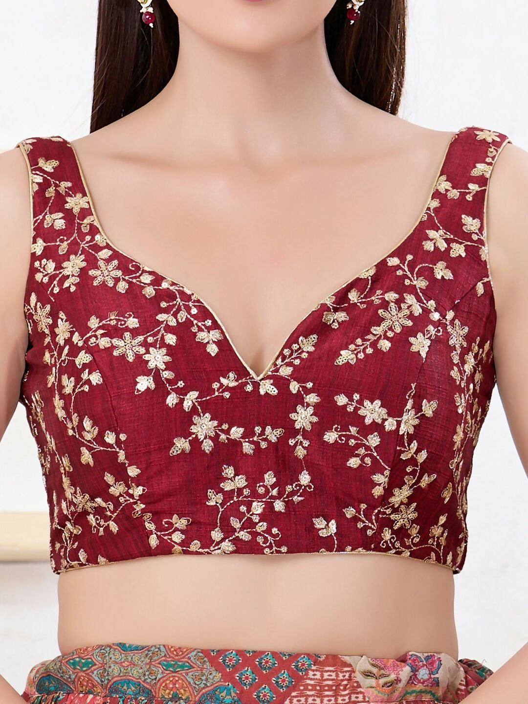 Maroon Mulberry Silk Sleeveless Back Open V-Neck Blouse