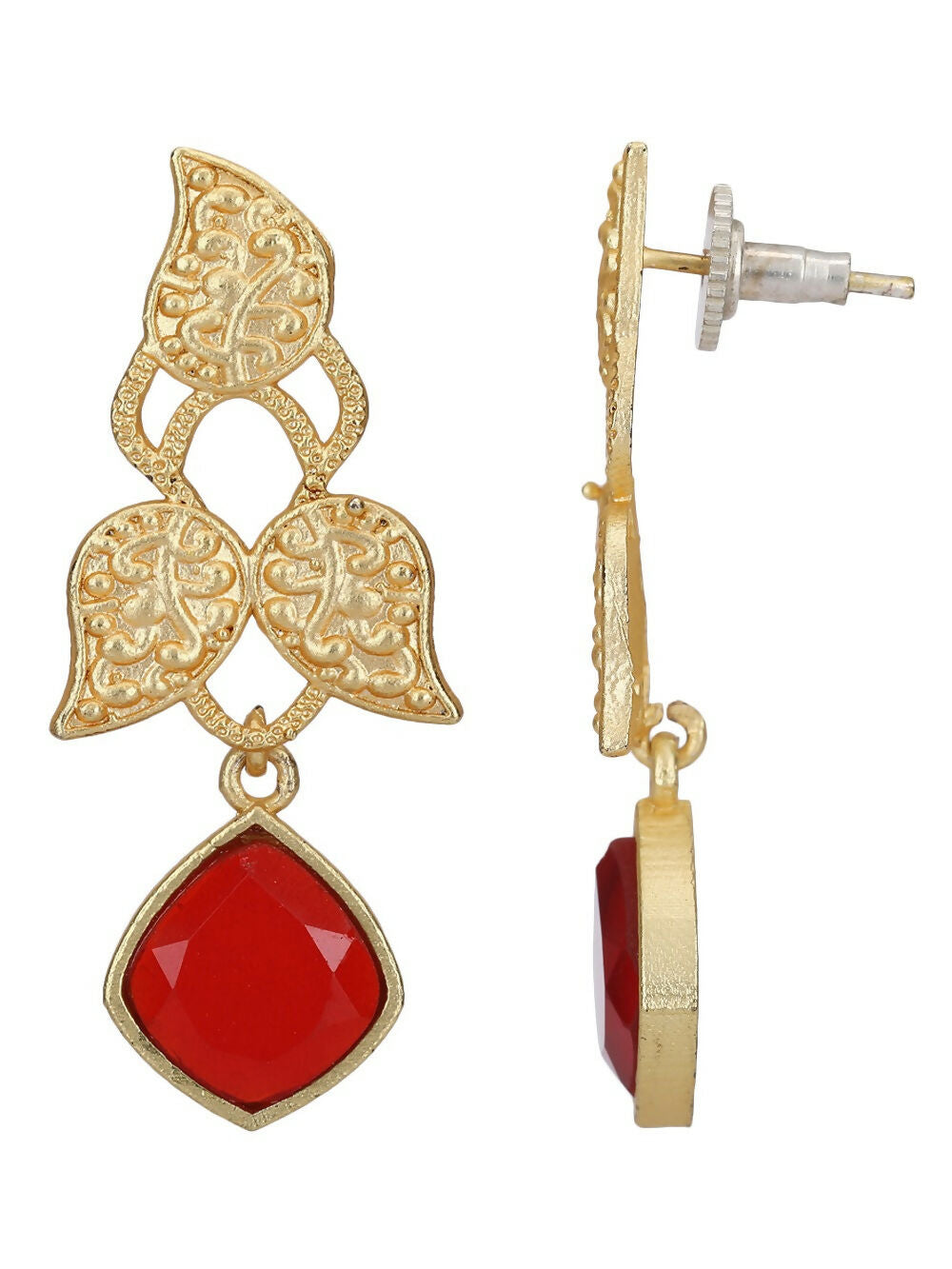 Red Stone Matte Gold Drop Earrings for Ethnic Occasions