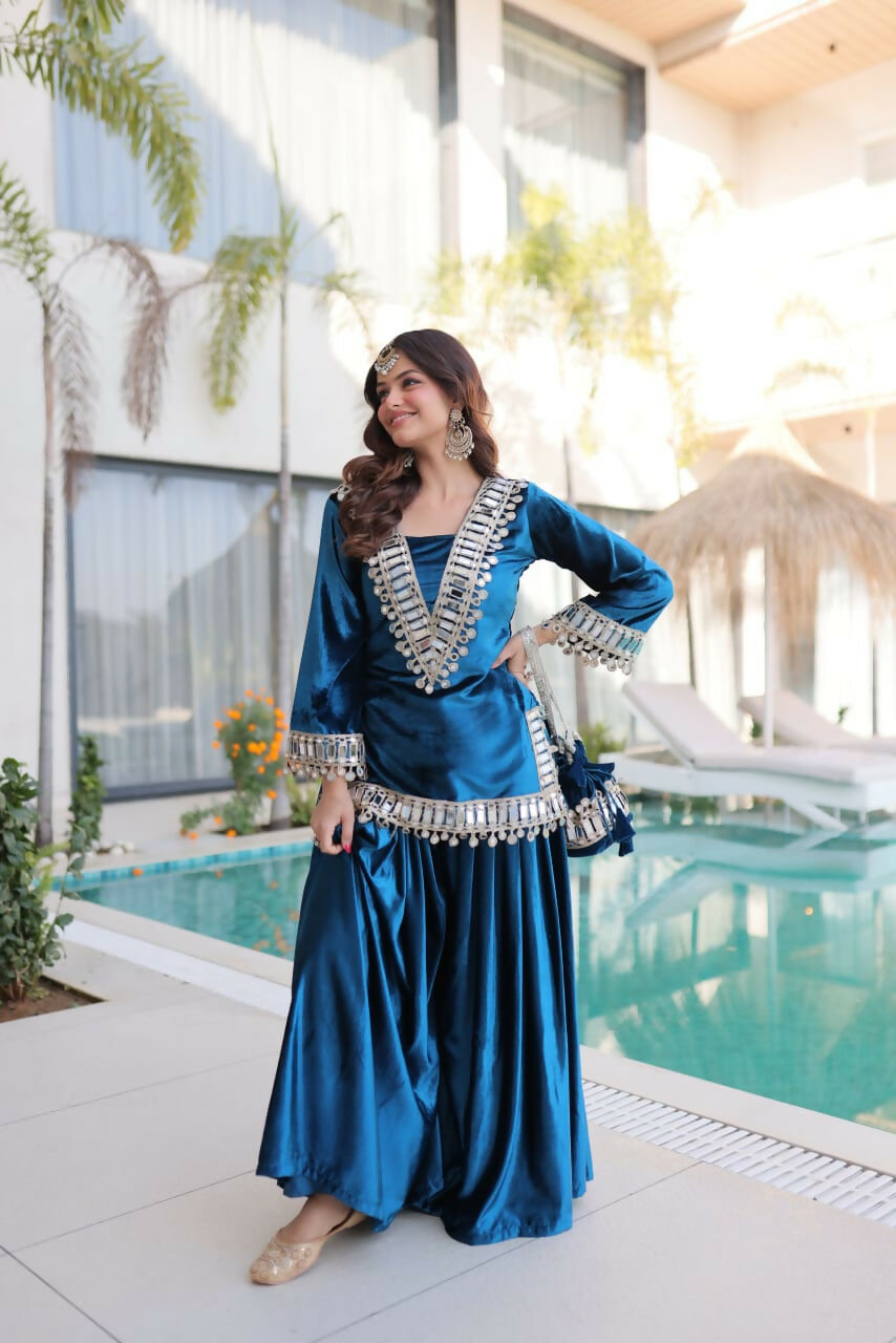 Rama Velvet Embroidered Sequence Work Readymade Kurta Set