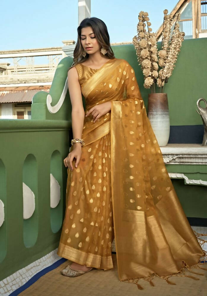 Light Yellow Organza Silk Saree with Weaving Work and Tassels