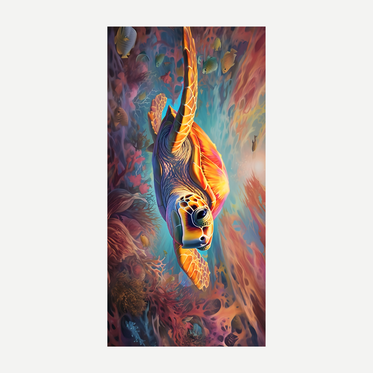 A colorful microfiber beach towel featuring a detailed sea turtle swimming through a vibrant coral reef.