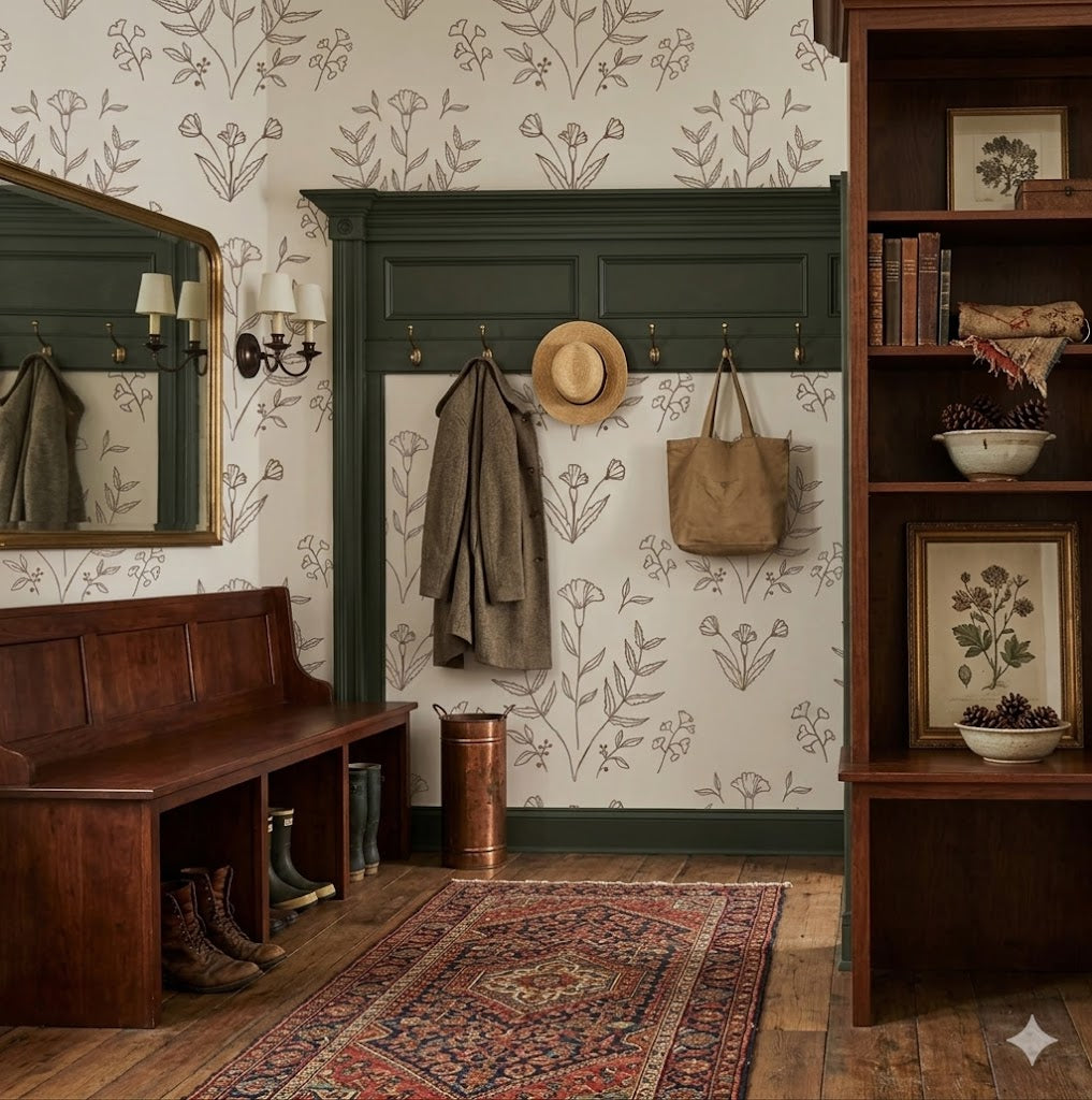 Ayla floral patterned wallpaper featuring cream, sage green, and muted rose tones in a bohemian style room.