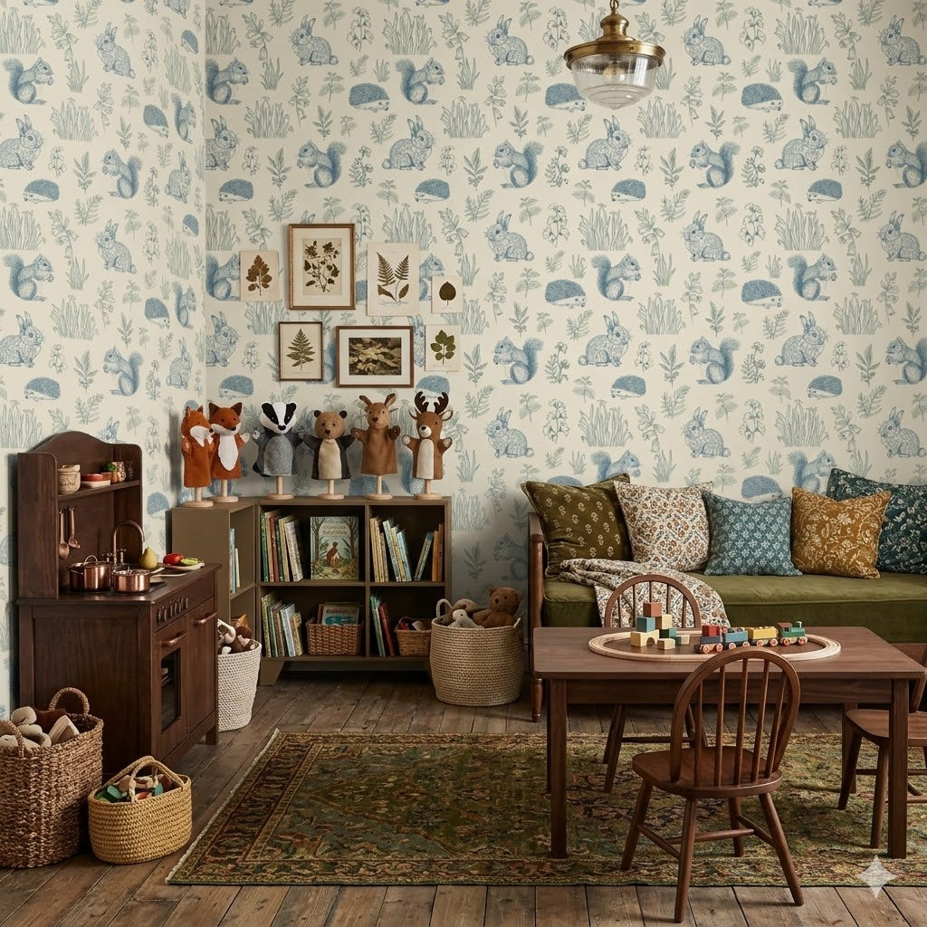 Ember vintage-inspired whimsical wallpaper in cream, blue, brown, and pink tones