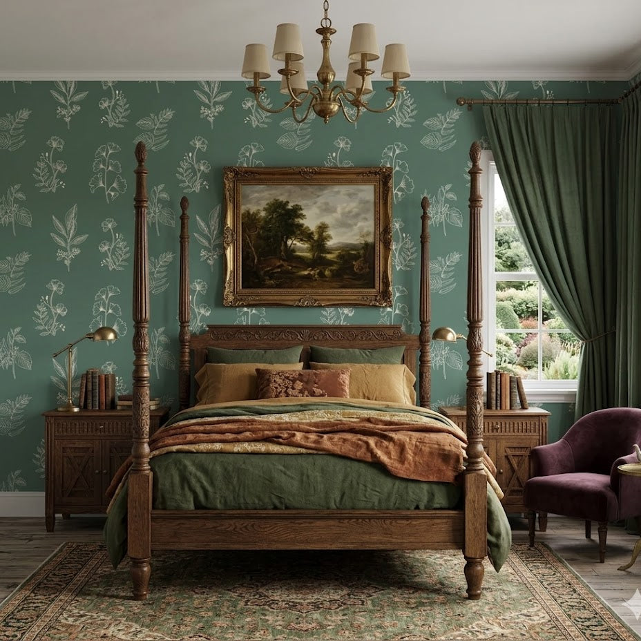 Luca botanical floral wallpaper in green and pink on a residential accent wall