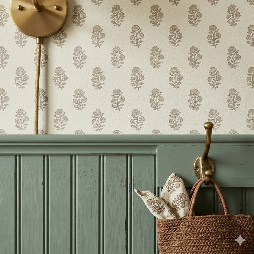 Prudence Wallpaper by Daphne and Sage on a neutral wall