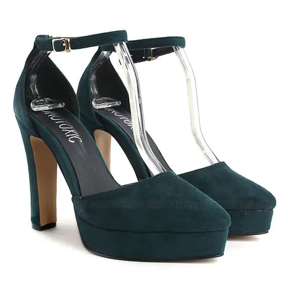 Women's Wine Suede Chunky Heels with Ankle Strap - Image 4