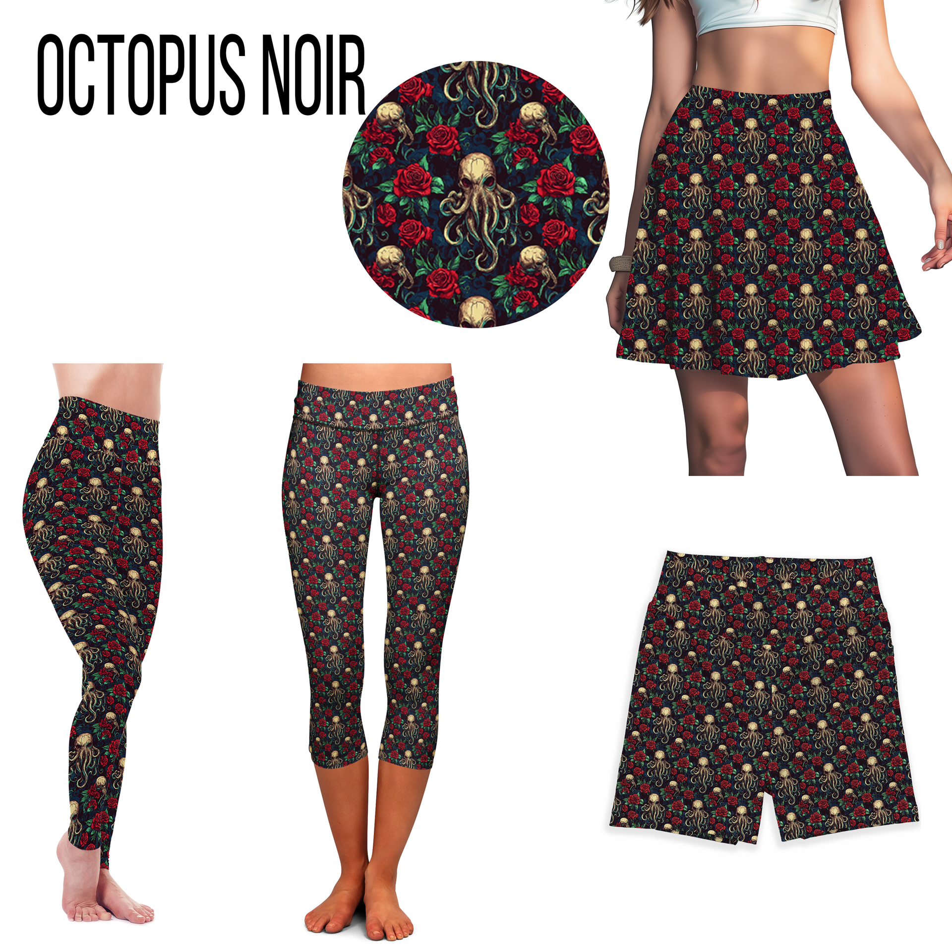 Octopus Noir gothic inspired leggings featuring octopus motif in black, red, and cream