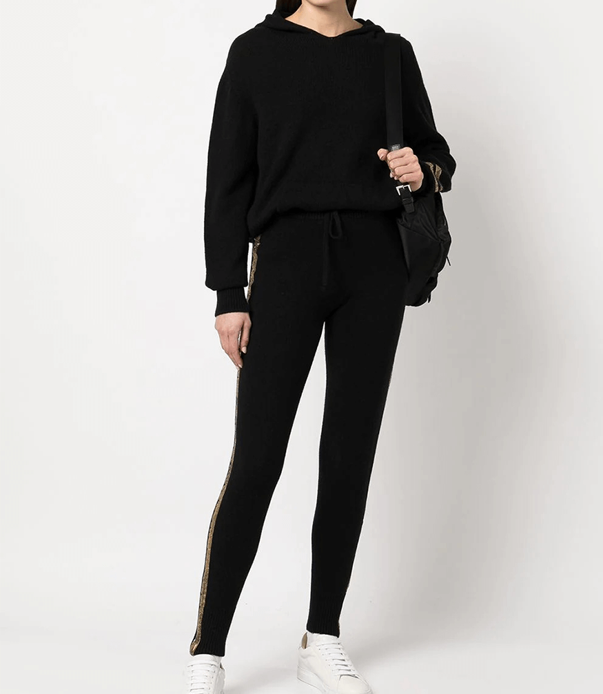 Women's Black Cashmere Joggers with Metallic Gold Side Stripe - Image 4
