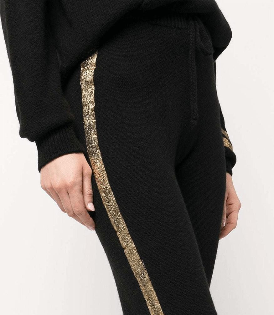 Women's Black Cashmere Joggers with Metallic Gold Side Stripe - Image 5