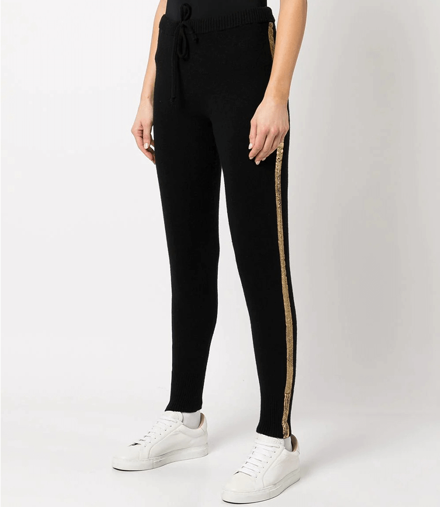 Women's Black Cashmere Joggers with Metallic Gold Side Stripe - Image 2