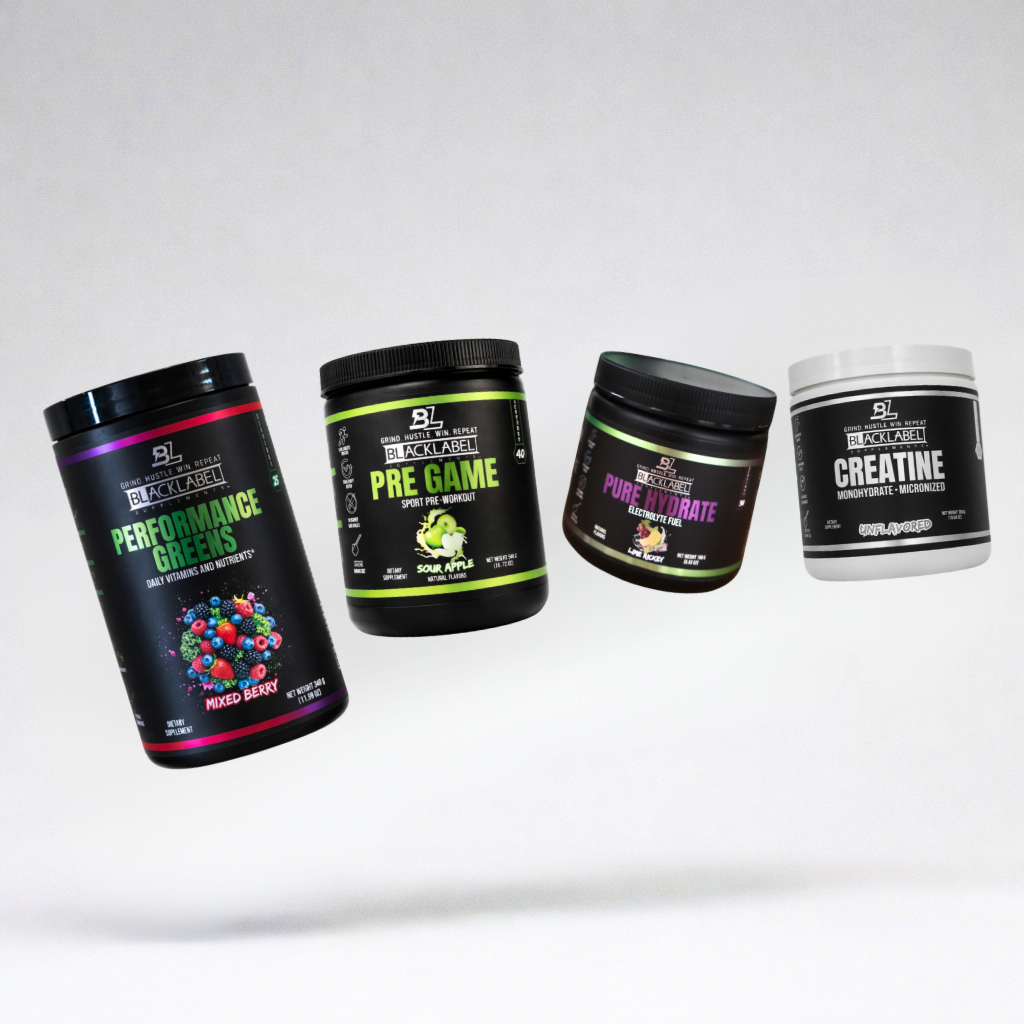 Favorites Stack supplement set featuring black packaging with bold neon green and white performance branding.