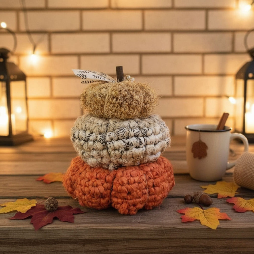 Stacked textured crochet pumpkins in orange, cream, and tan displayed as boho fall home decor