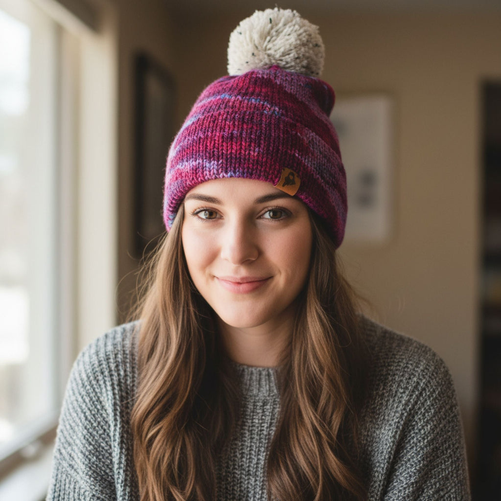 Close up of a hand-knitted burgundy and purple double brim hat with a cream speckled pom-pom.