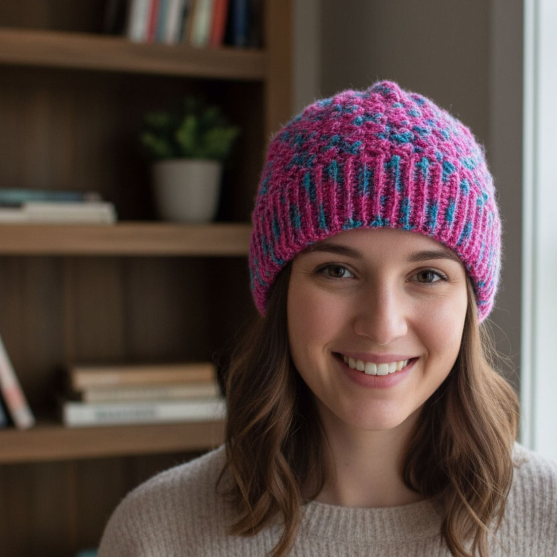 Vibrant magenta and turquoise blue slouchy knit beanie crochet pattern