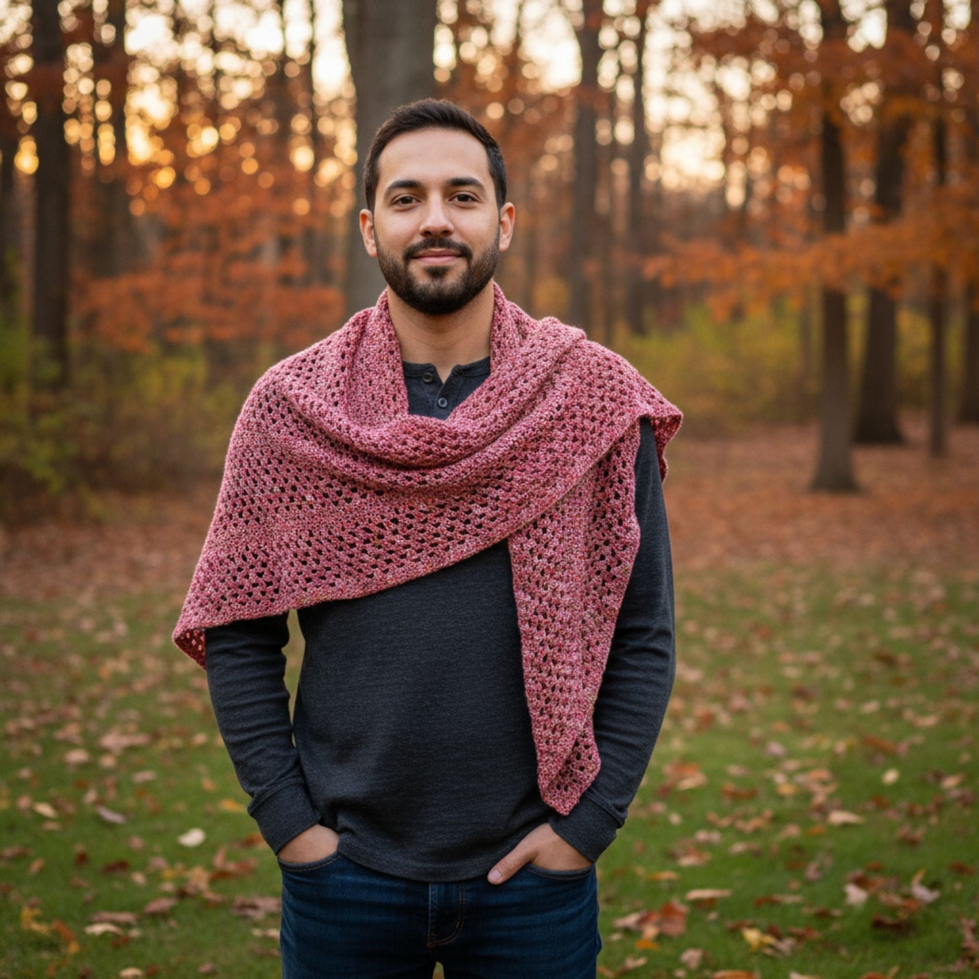 A close-up of the A Walk in the Garden crochet shawl pattern showing delicate open stitches.
