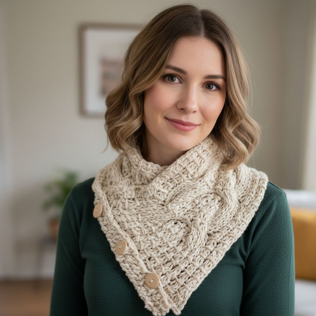 Cream colored knit cowl with horseshoe cable pattern and button closure