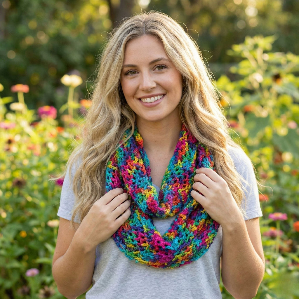 A close-up of the Ripple Infinity Scarf showing the crochet texture and silk yarn detail.