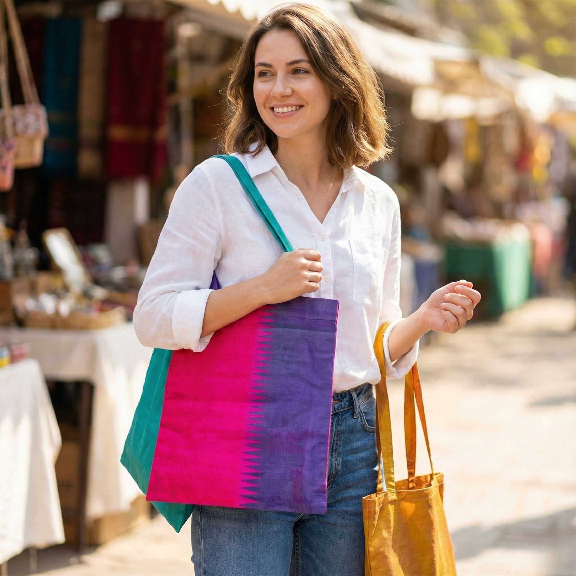 Vibrant geometric Sari Silk Market Tote in pink, purple, teal, orange, and blue