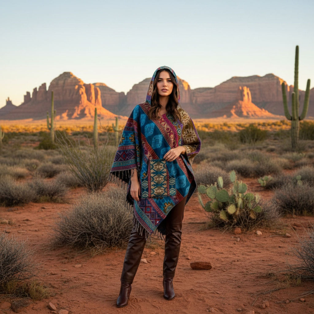Nanda Hooded Poncho: Warm Wool Blend Boho Style Outerwear