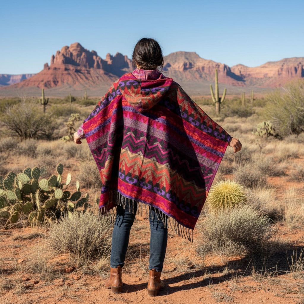 Nanda Hooded Poncho: Warm Wool Blend Boho Style Outerwear