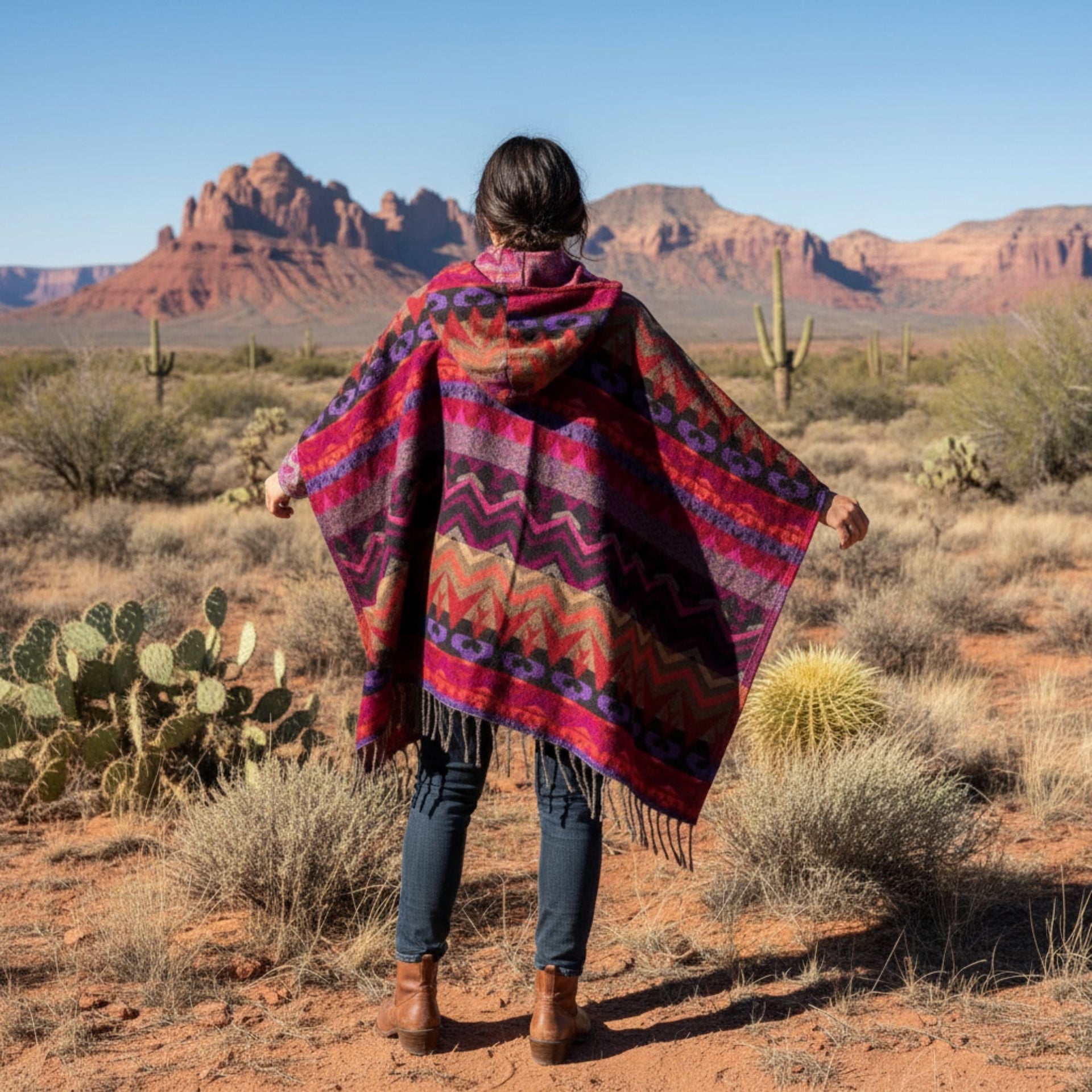 Nanda Hooded Poncho: Warm Wool Blend Boho Style Outerwear