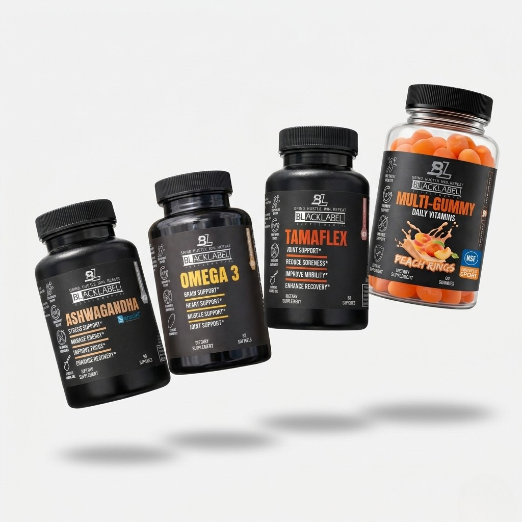 Daily Performance & Wellness Stack in matte black bottle with orange typography
