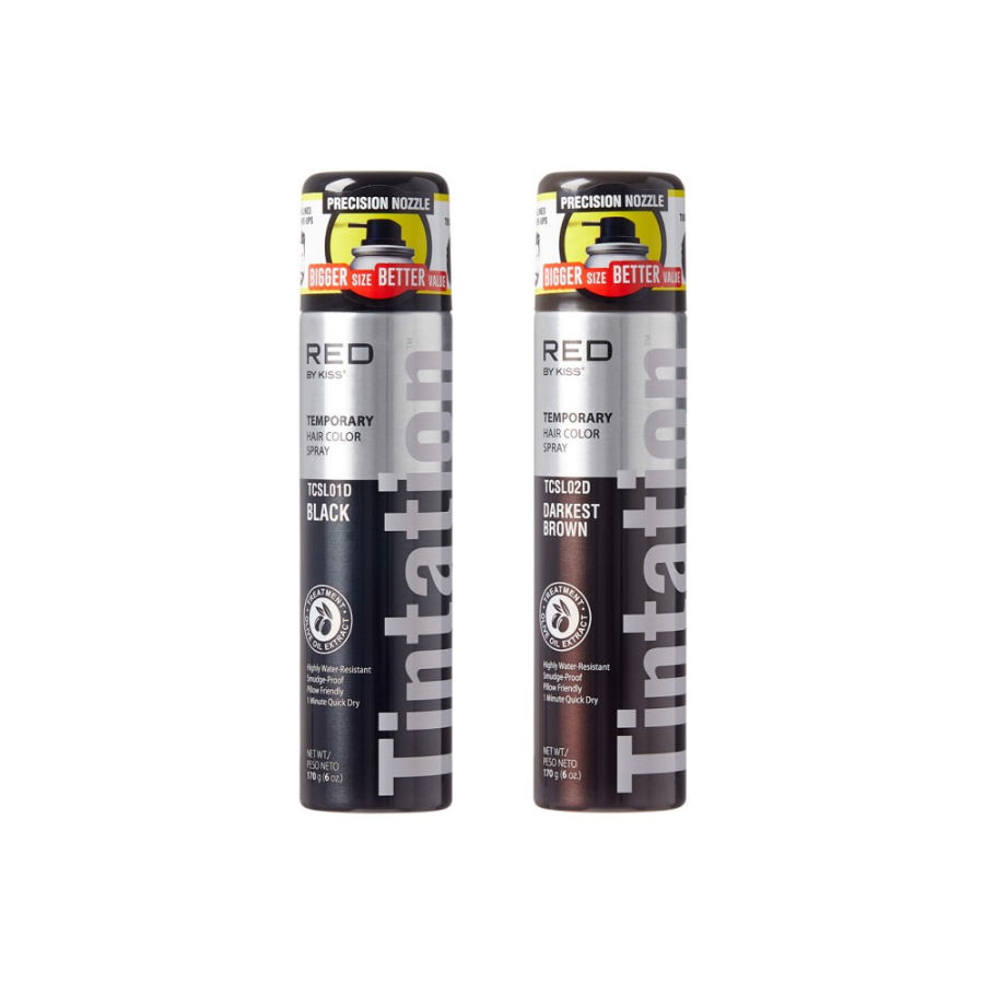 Red by Kiss Tintation Temporary Hair Color Spray in black and brown canisters