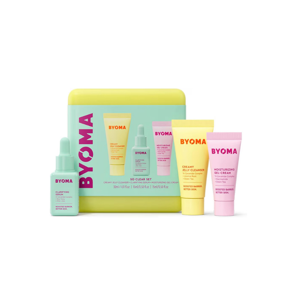 BYOMA clarifying skincare starter kit with yellow, light-blue, and pink packaging.