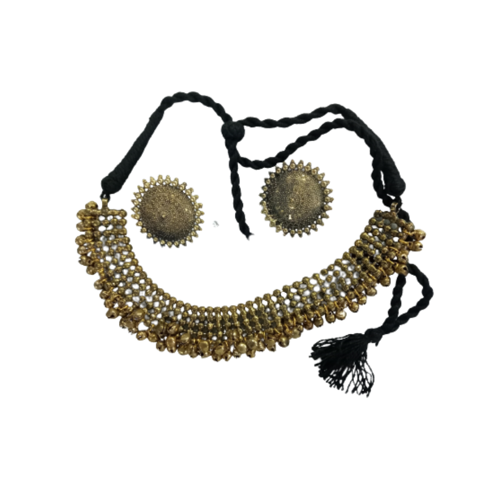Gold-polished brass choker with ghungroo detailing for traditional ethnic wear