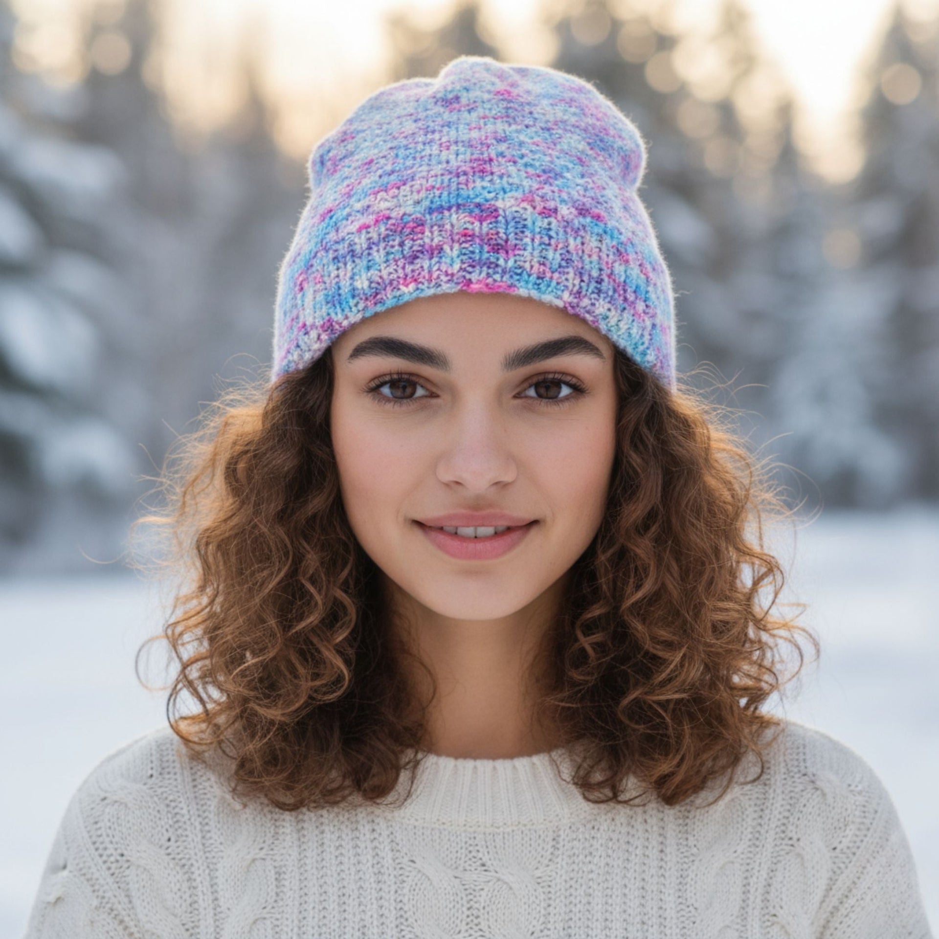 Handmade winter beanie displayed on a flat surface, demonstrating beginner-friendly pattern texture