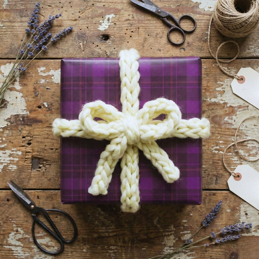 Handmade Crochet Pom Gift Bow in Cream Chunky Wool