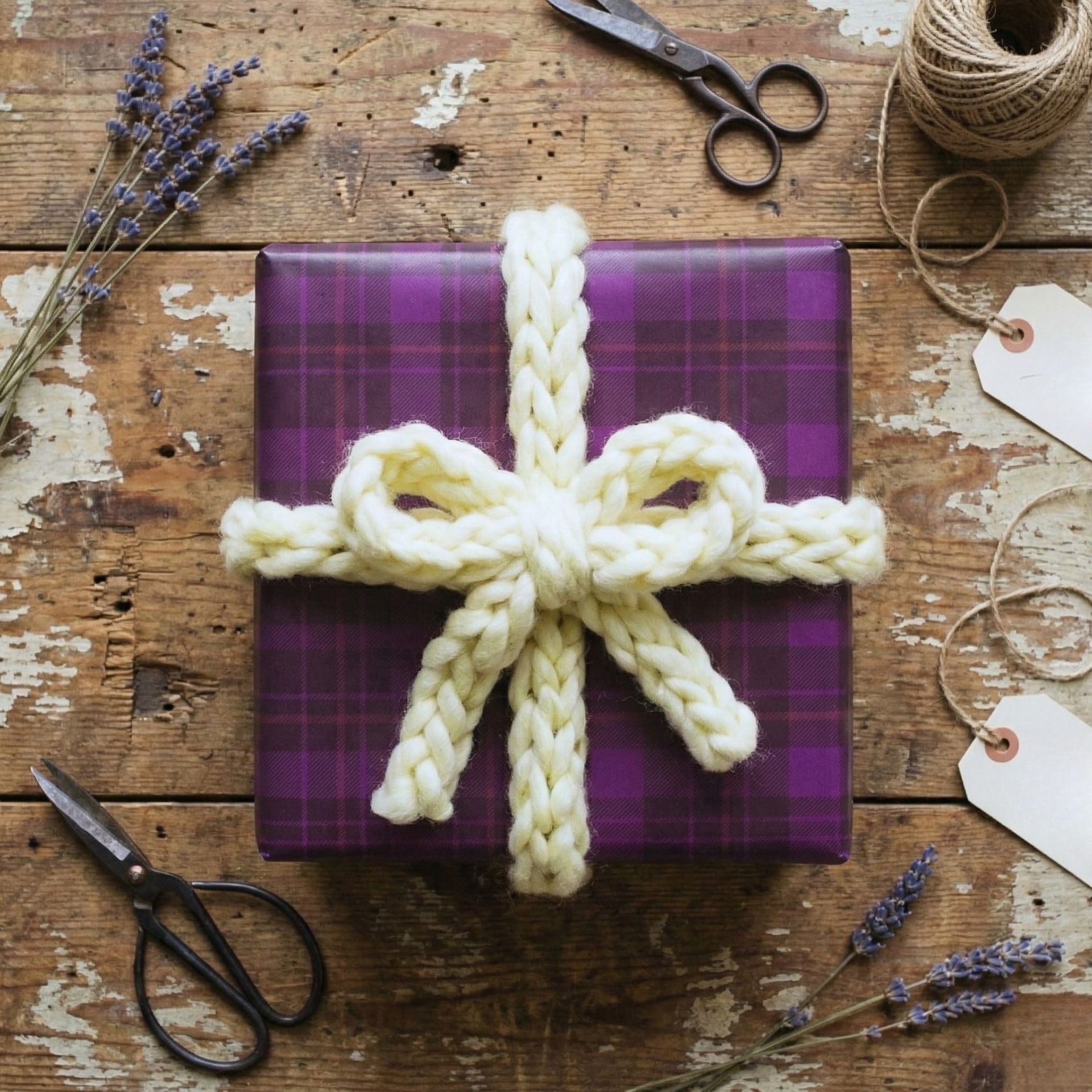 Handmade Crochet Pom Gift Bow in Cream Chunky Wool