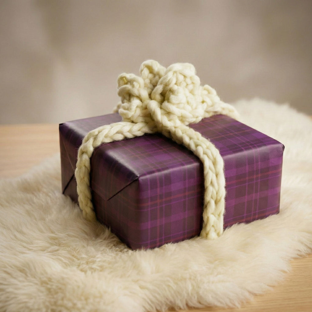 Handmade cream chunky knit crochet pom gift bow resting on a wrapped gift box