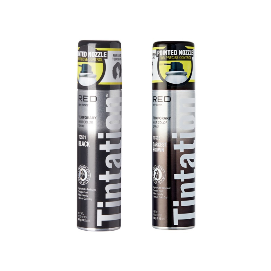 KISS Tintation temporary hair color spray bottle in black and brown for root touch-ups
