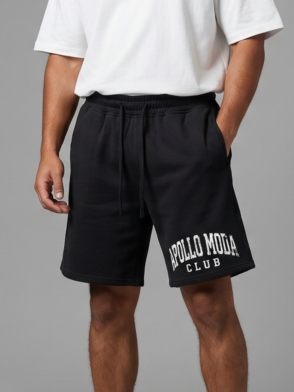 Men’s black and white heavyweight knit sweat shorts with a relaxed fit and solid pattern.