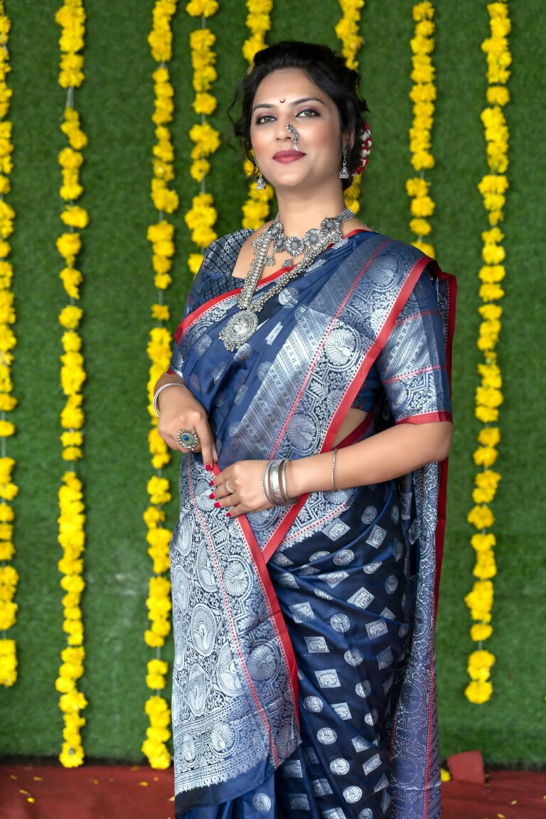 Navy Blue Soft Handloom Silk Zari Woven Saree with Blouse