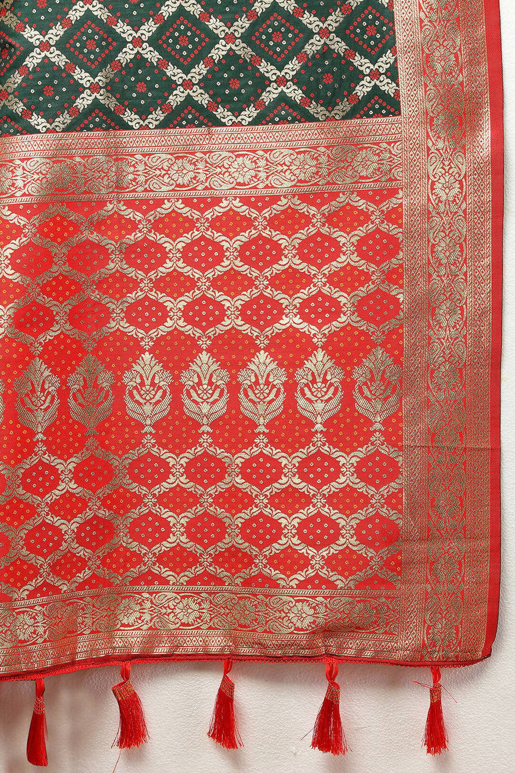 Green & Red Patola Silk Saree with Meenakari Weaving
