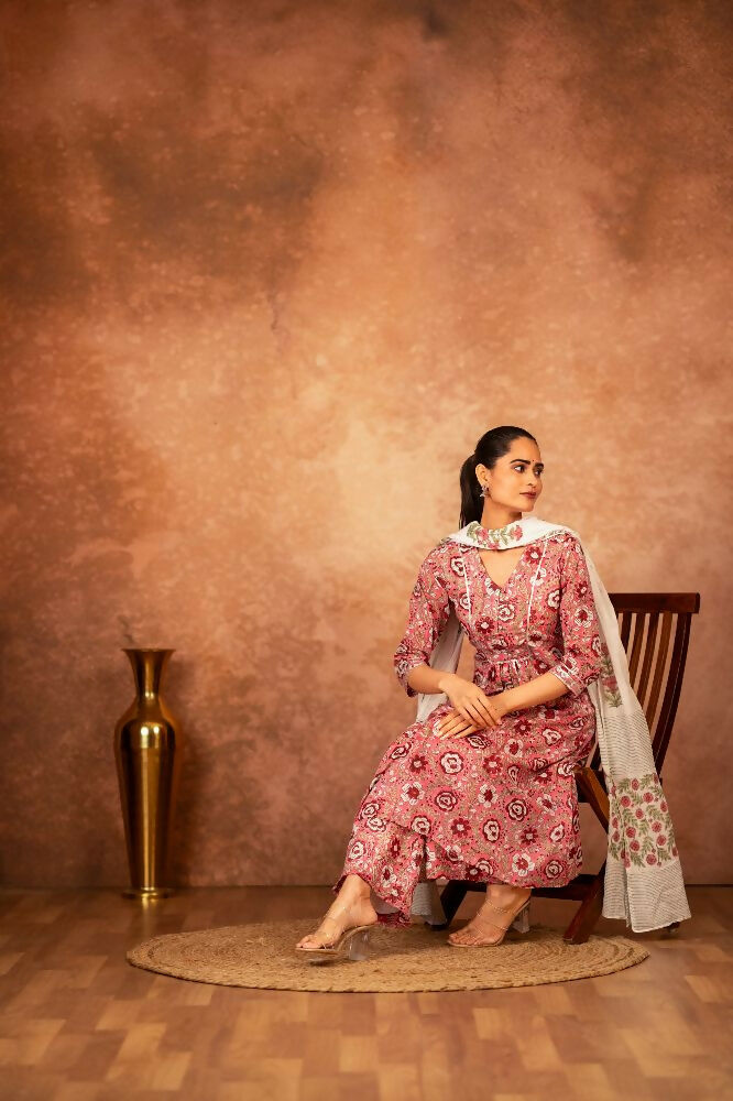 Pink Hand Block Printed Cotton Suit Set for Women