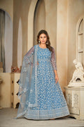 Sky blue net Anarkali kurta set with embroidery and matching dupatta