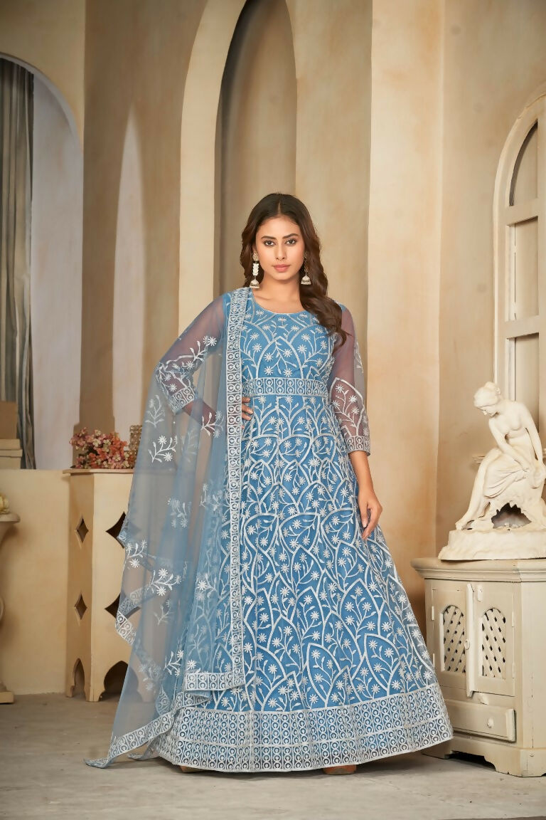 Sky blue net Anarkali kurta set with embroidery and matching dupatta