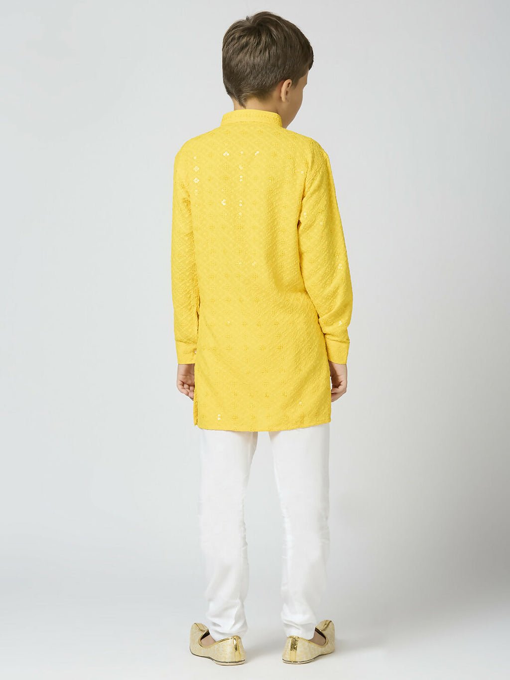 Kids Yellow Cotton Kurta and Pyjama Set with Sequin Work