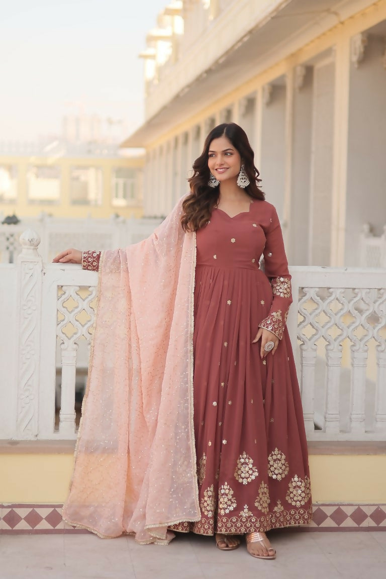 Brown Faux Georgette Anarkali dress with sequins and thread embroidery