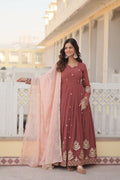 Brown Faux Georgette Anarkali dress with sequins and thread embroidery