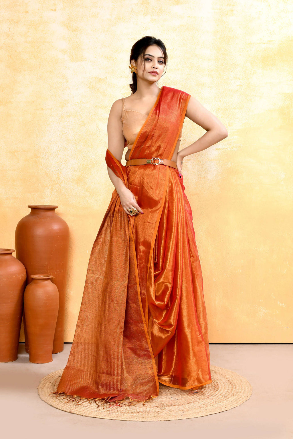 Rust Dual Tone Organic Tissue Saree with Blouse Piece