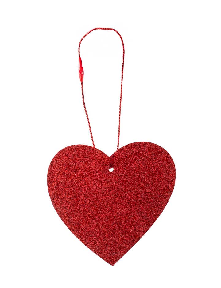 Set of 10 red glitter heart-shaped gift tags with attached red hanging strings